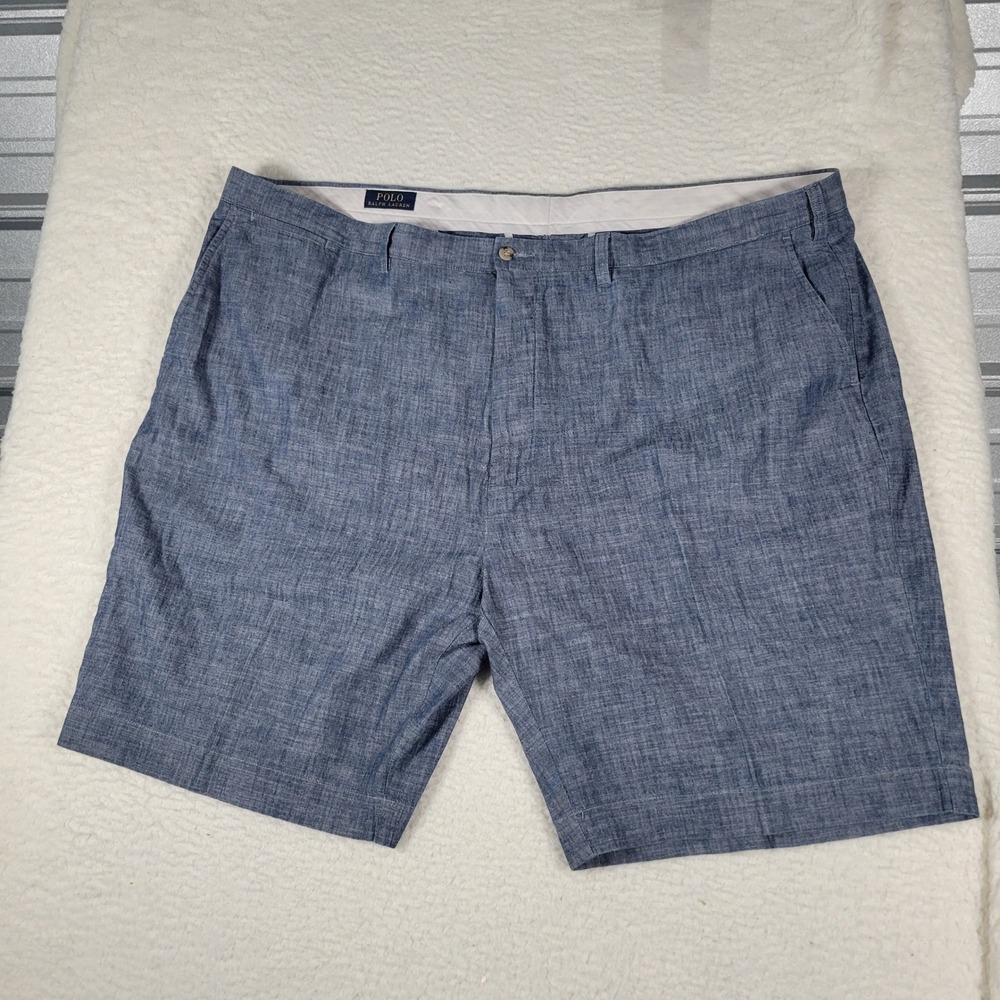 Polo Ralph Lauren Shorts Mens 48 Blue Chambray Cotton Flat Front Relaxed Casual‎